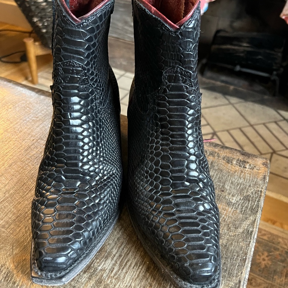 Freebird Black Snakeskin print Leather Ankle Boots